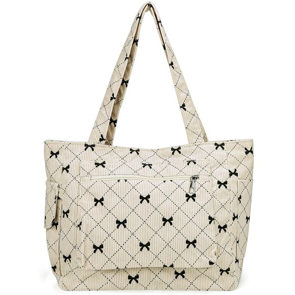 Tote Bag Cute Corduroy Shoulder Bag White Bow Tie Canvas Bags Large :> - Picture 1 of 7